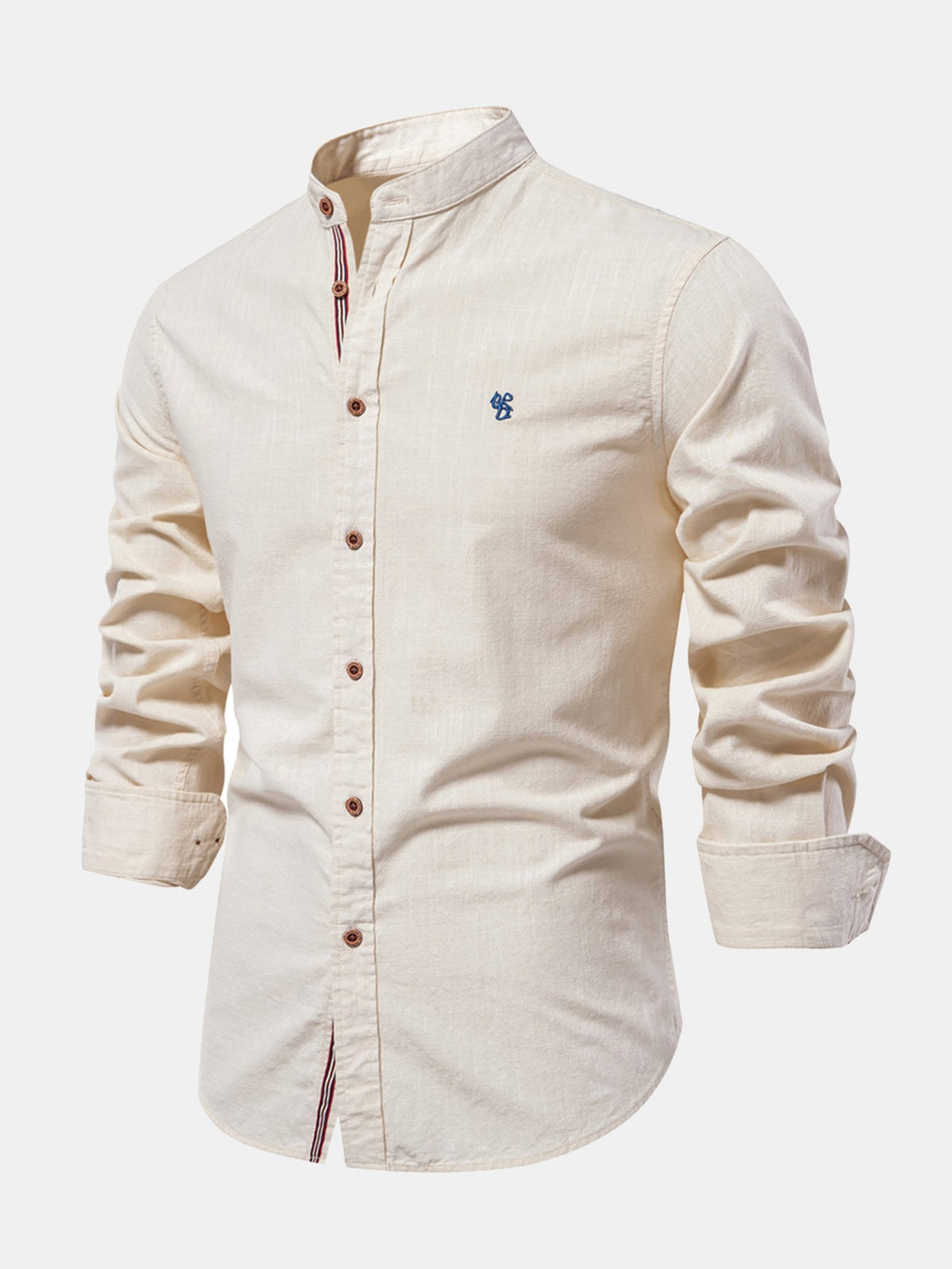 High-neck linen effect long-sleeve shirt