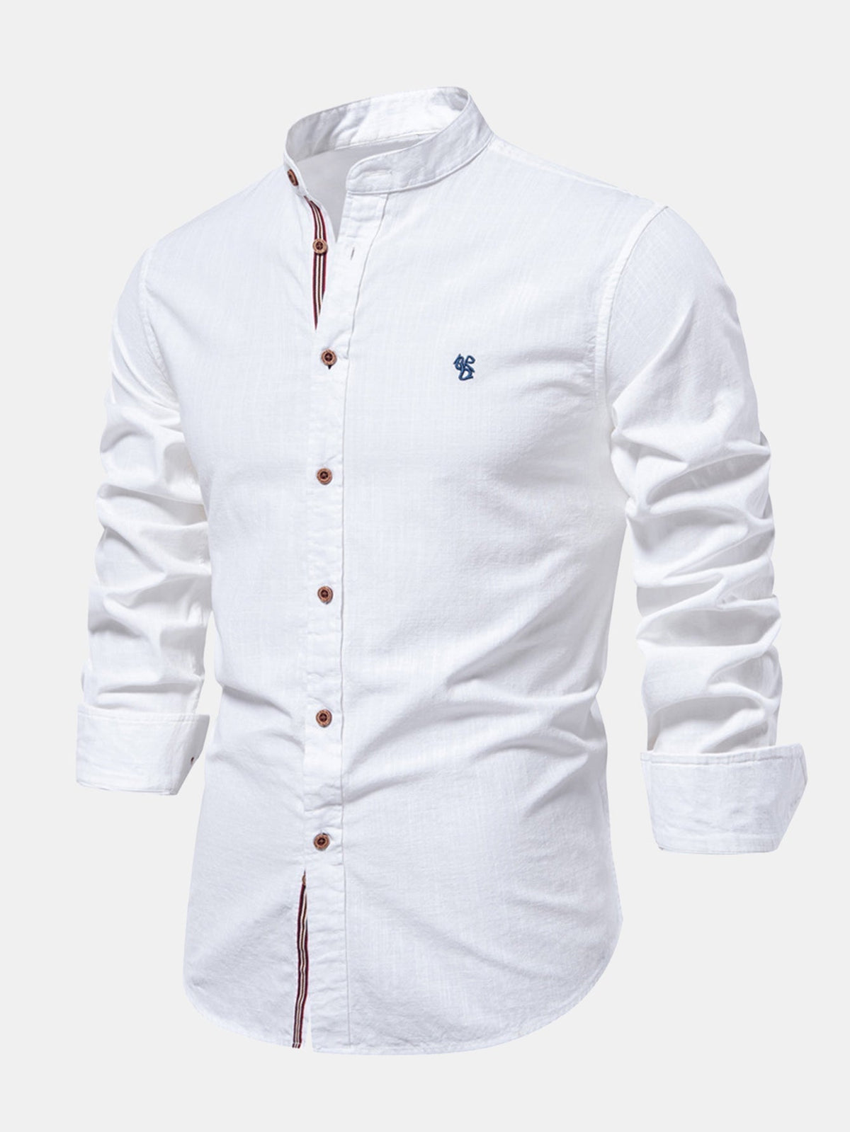 High-neck linen effect long-sleeve shirt