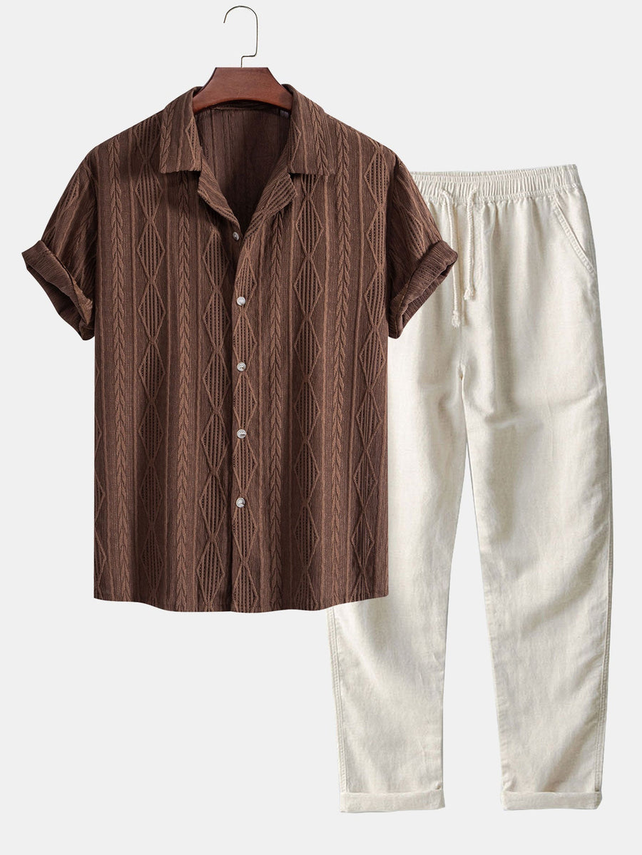 Geometrisch Jacquard Cubaanse Shirt & Rechte Linnen Broek