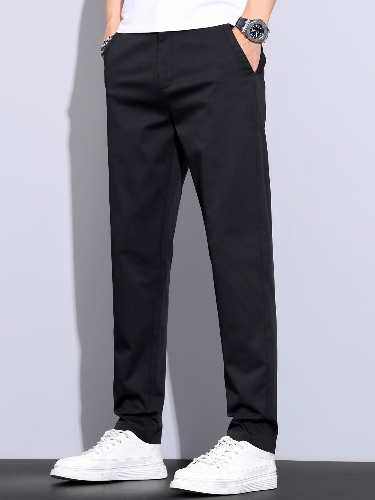 Contrast Trim Ribbed Johnny Collar Knit Polo & Elastic Waist Straight Leg Trousers