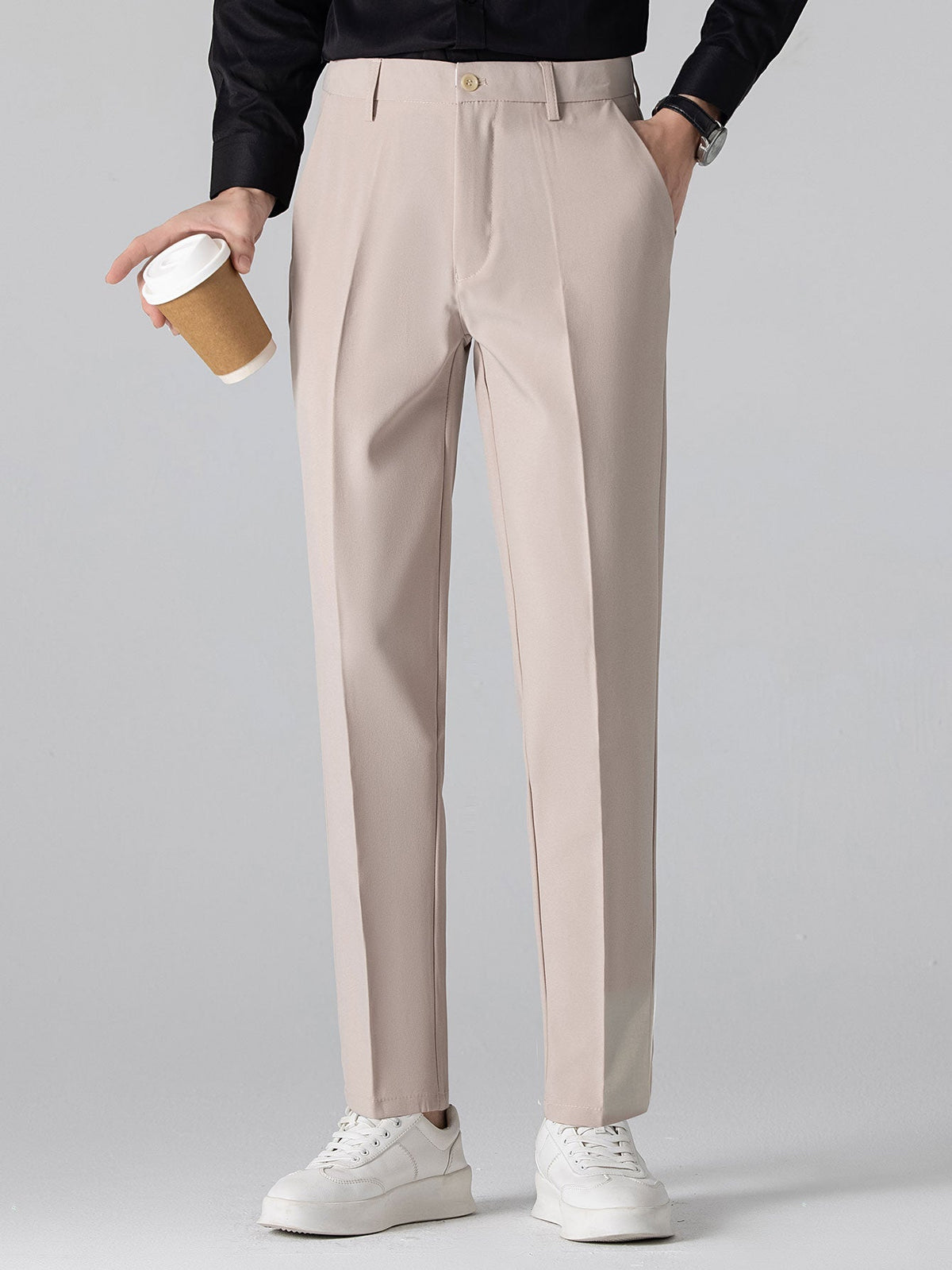 Contrast Trim Textured Zipper Knit Polo & Slim Fit Tapered Trousers