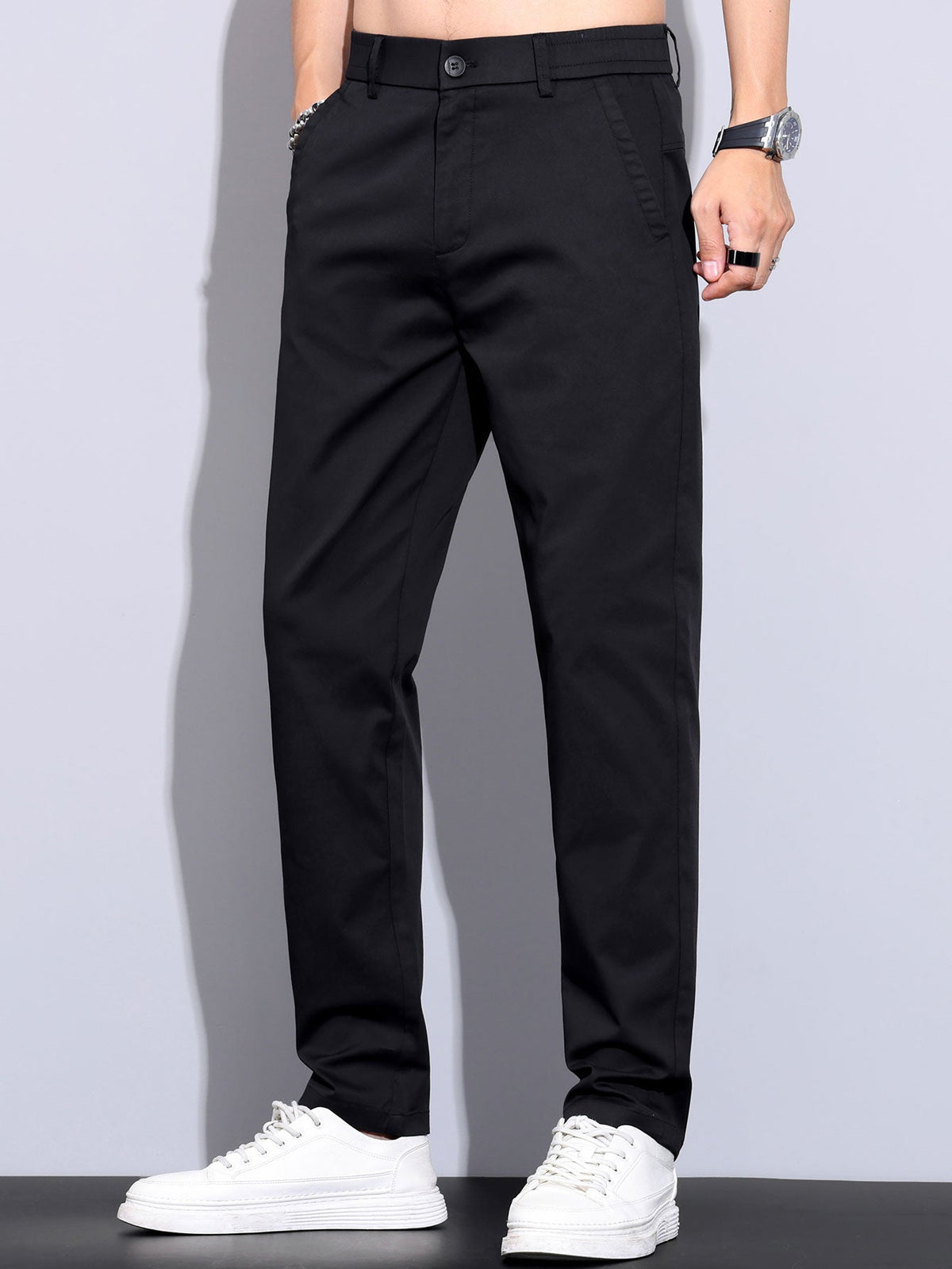 Contrast Trim Textured Zipper Knit Polo & Elastic Waist Straight Leg Trousers