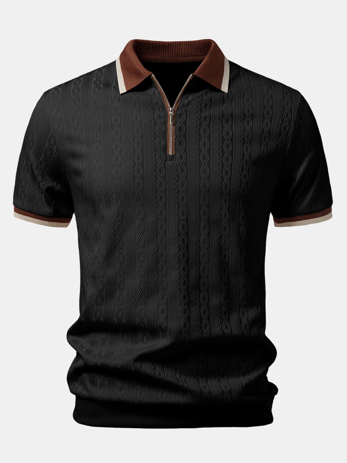 Contrast Trim Textured Zipper Knit Polo & Slim Fit Tapered Trousers