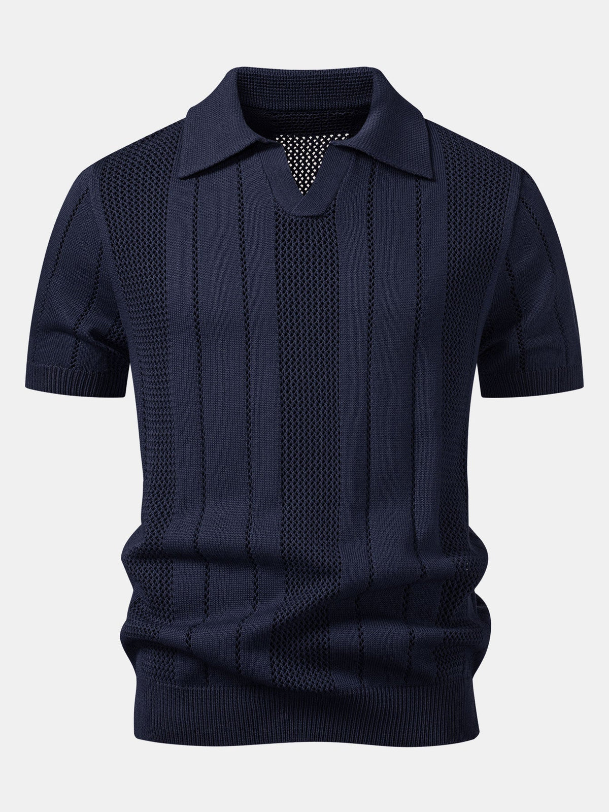 Johnny Collar Striped Open Knit Polo & Straight Leg Linen Pants