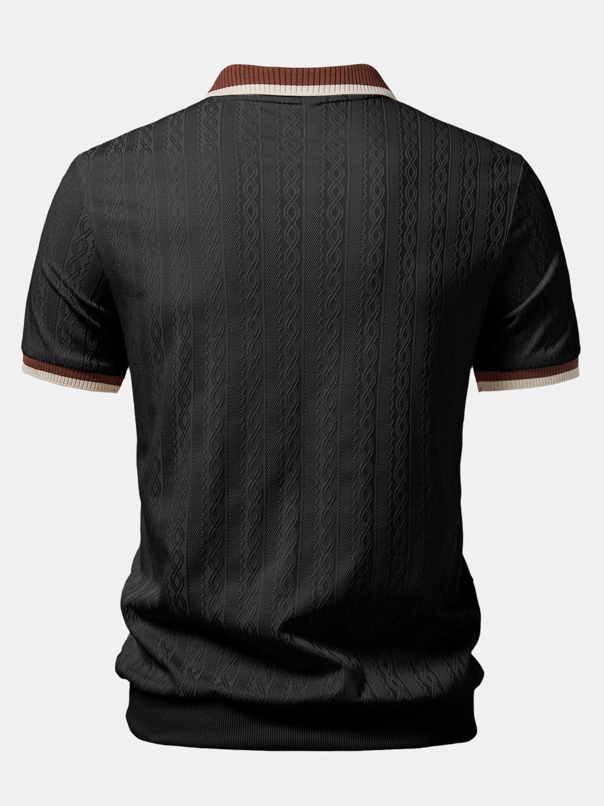Contrast Trim Textured Zipper Knit Polo & Elastic Waist Straight Leg Trousers