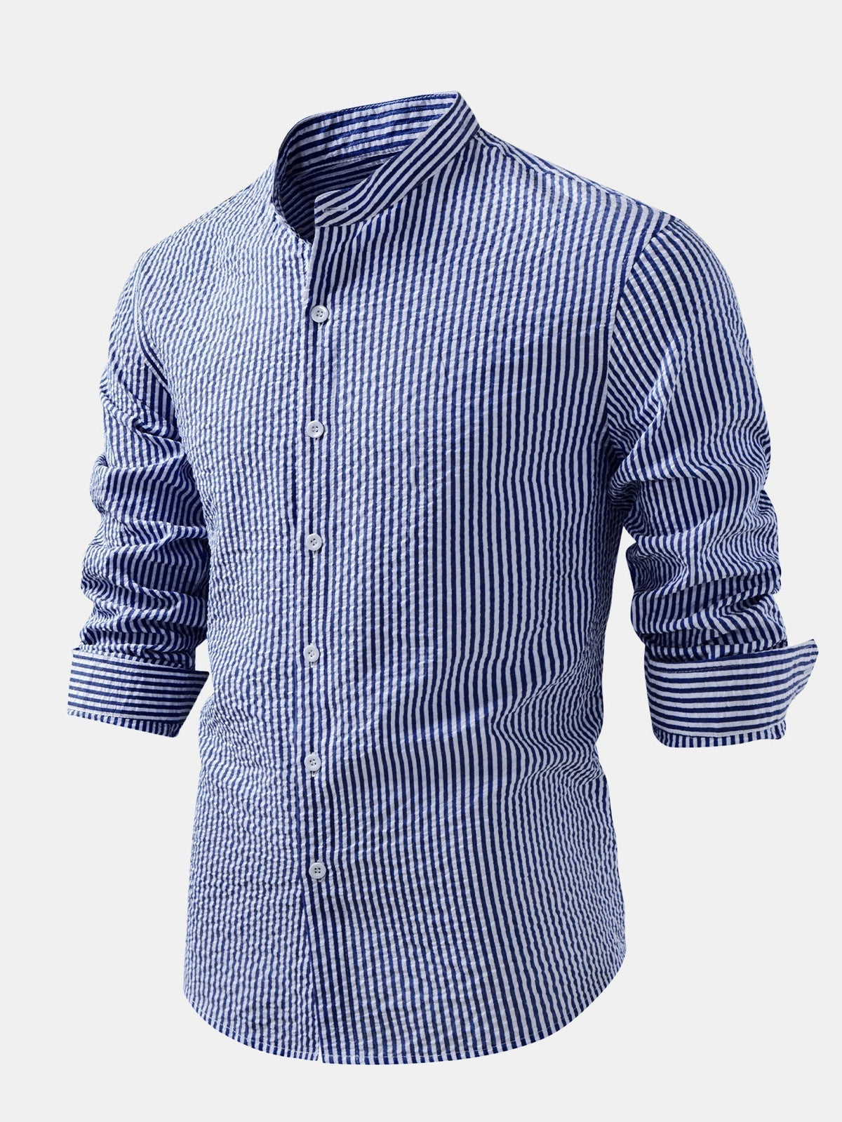 Striped Seersucker Shirt with High Collar