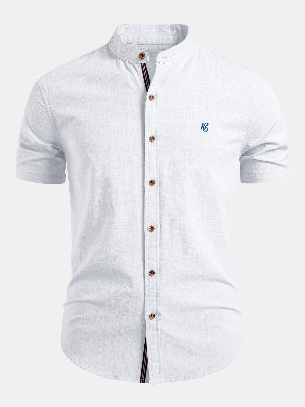 Short Sleeve Linen Look Stand Collar Shirt & Crinkle Textured Straight Leg Pants