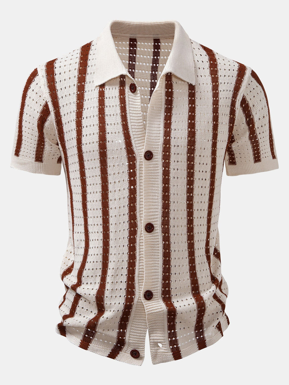 Stripe Open Knit Shirt & Crinkle Textured Drawstring 5" Shorts