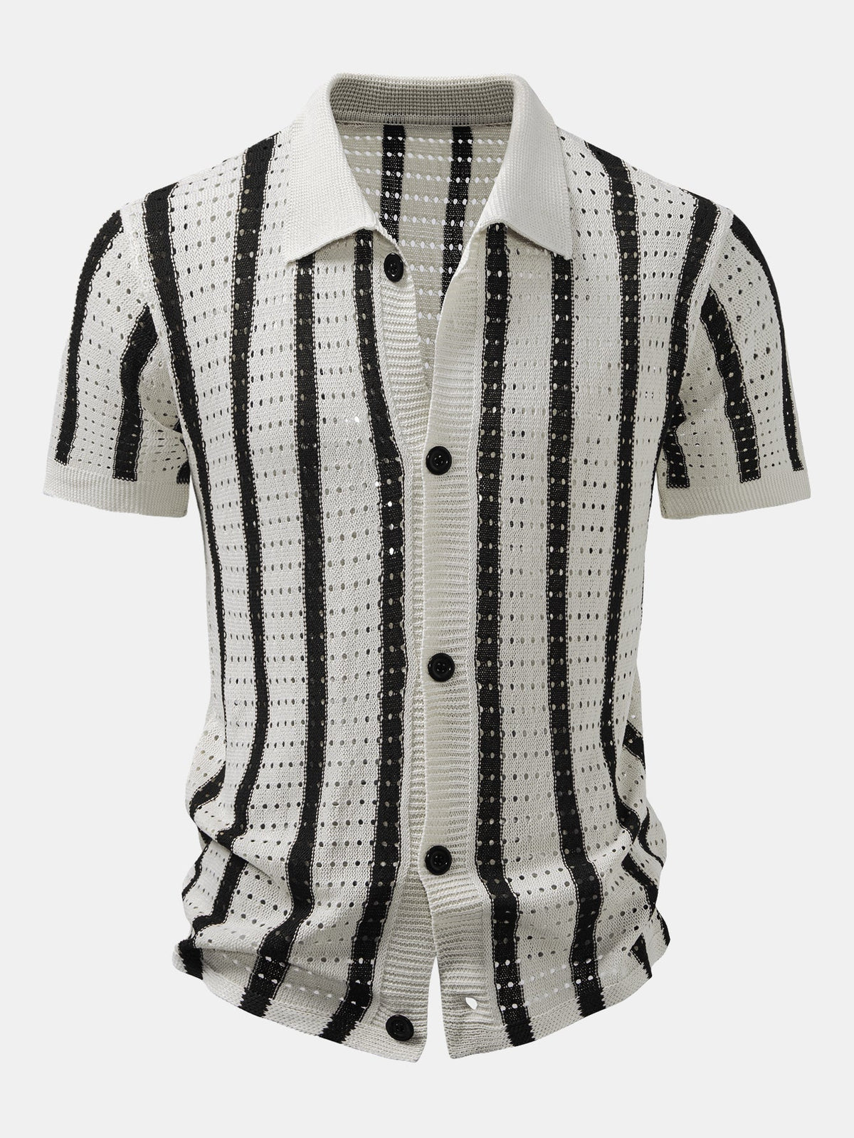 Stripe Open Knit Shirt & Crinkle Textured Drawstring 5" Shorts