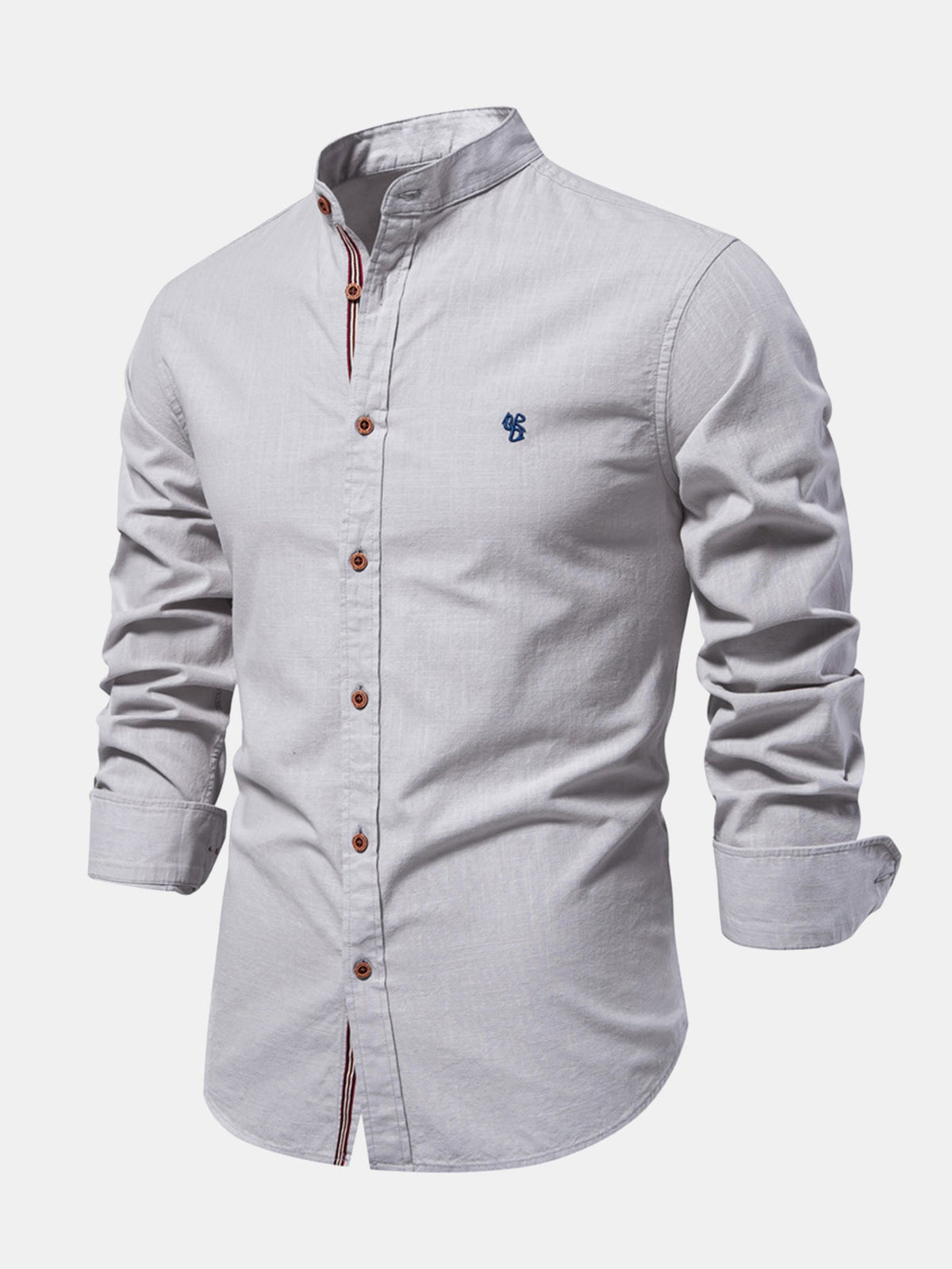 High-neck linen effect long-sleeve shirt