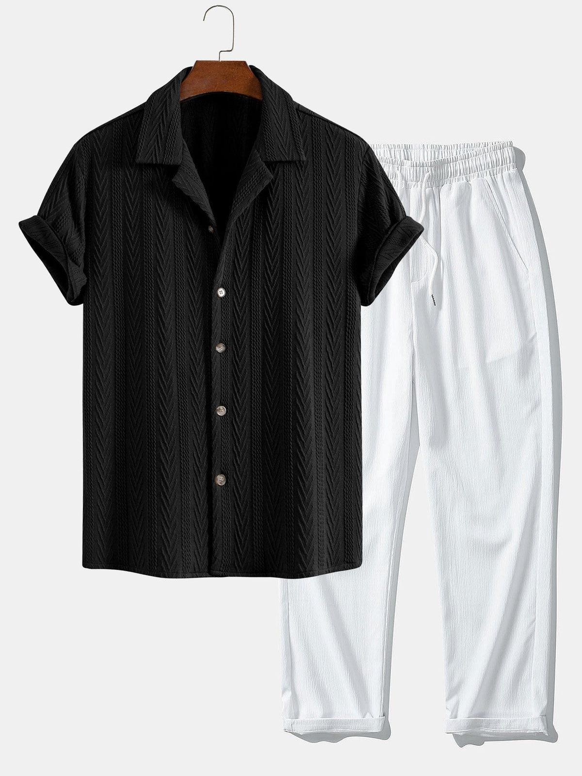Textuur Jacquard Cubaanse Shirt & Kreukel Textuur Rechte Pantalon