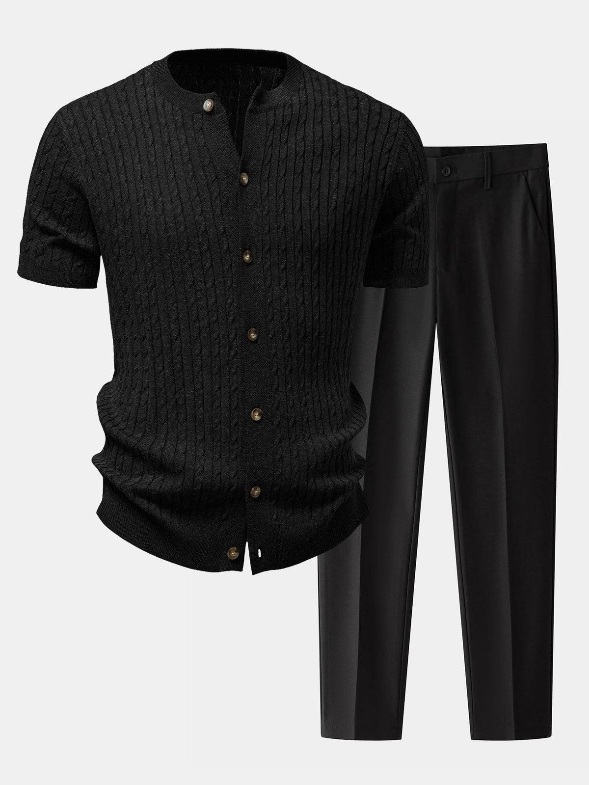 Twisted Jacquard Crew Neck Button Up Knit Shirt & Slim Fit Tapered Trousers