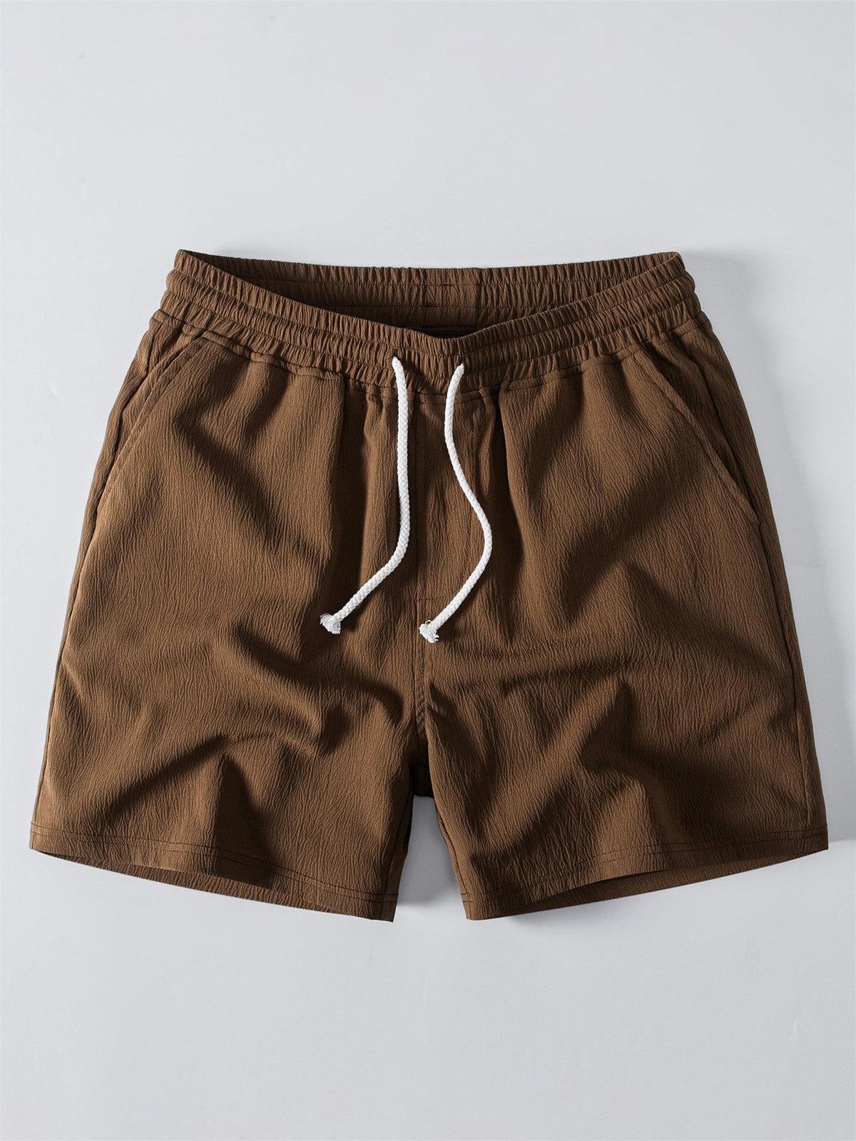 Relax Fit Crocheted V Neck Polo & Crinkle Textured Drawstring 5" Shorts