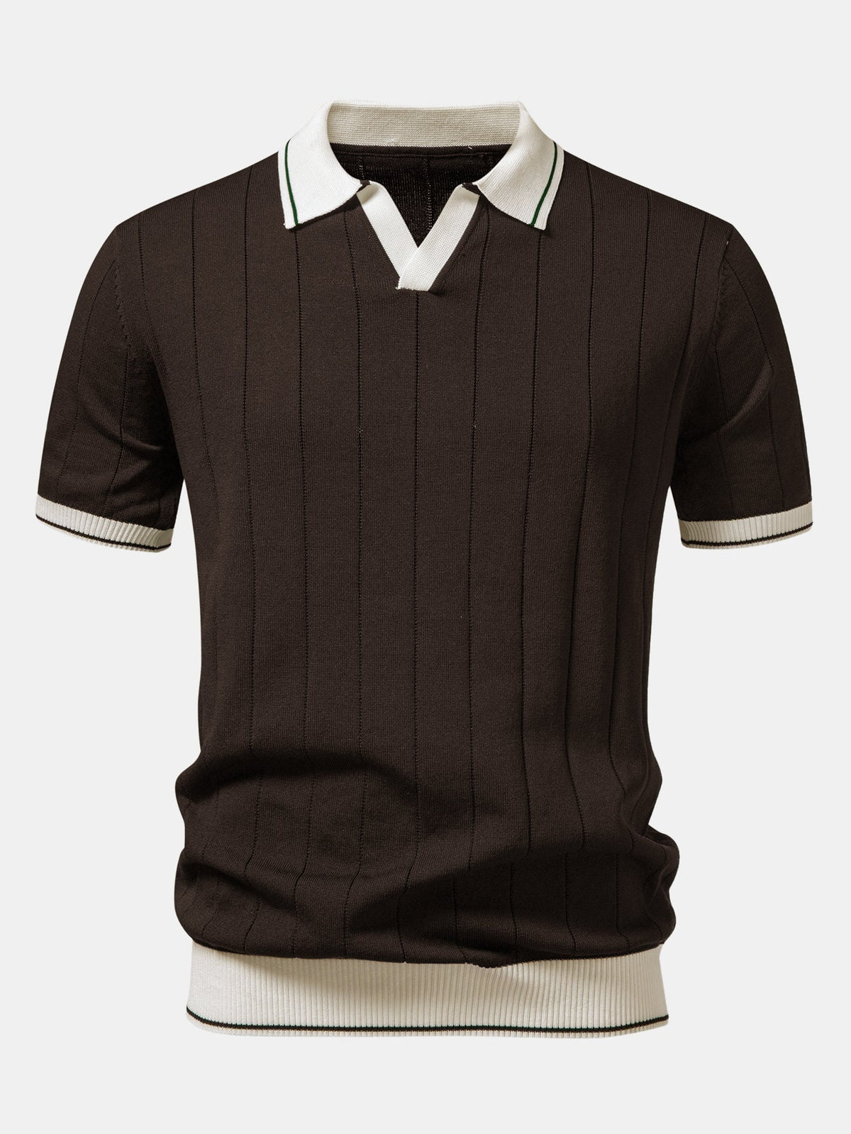 Contrast Trim Ribbed Johnny Collar Knit Polo & Elastic Waist Straight Leg Trousers