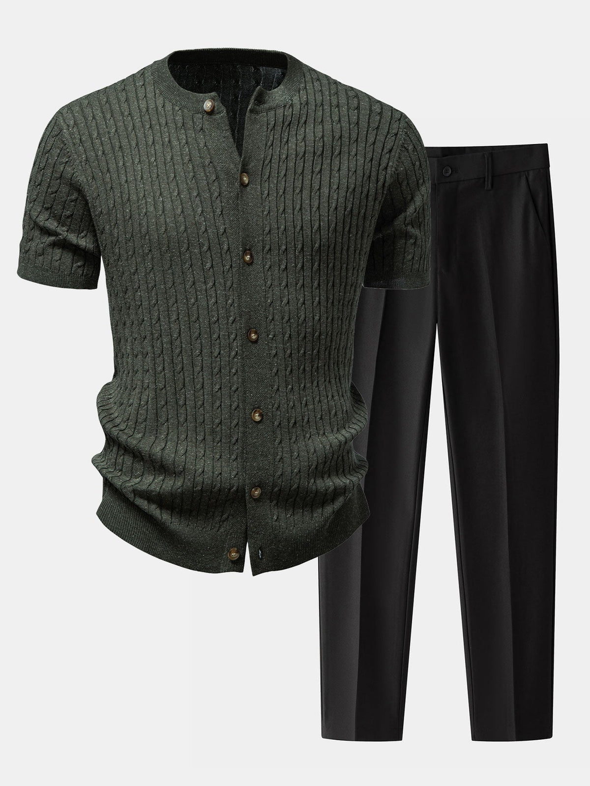 Twisted Jacquard Crew Neck Button Up Knit Shirt & Slim Fit Tapered Trousers