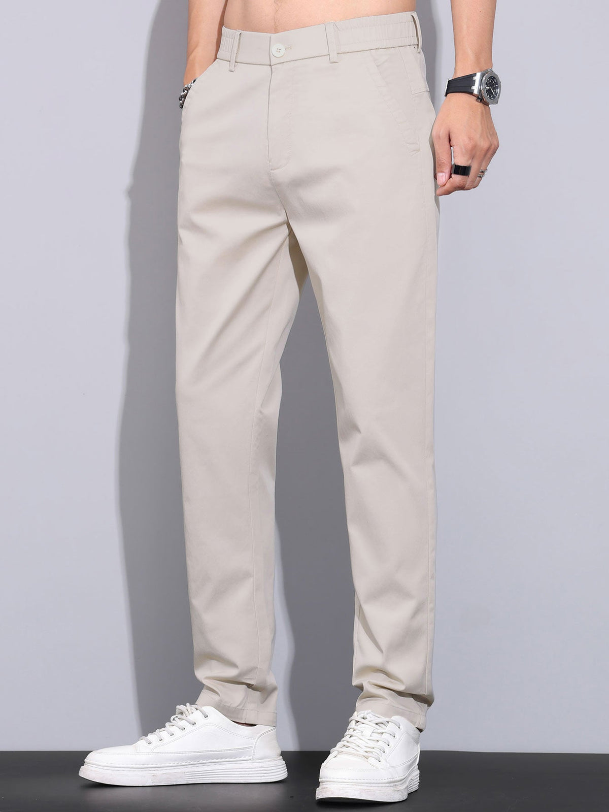 Contrast Trim Textured Zipper Knit Polo & Elastic Waist Straight Leg Trousers