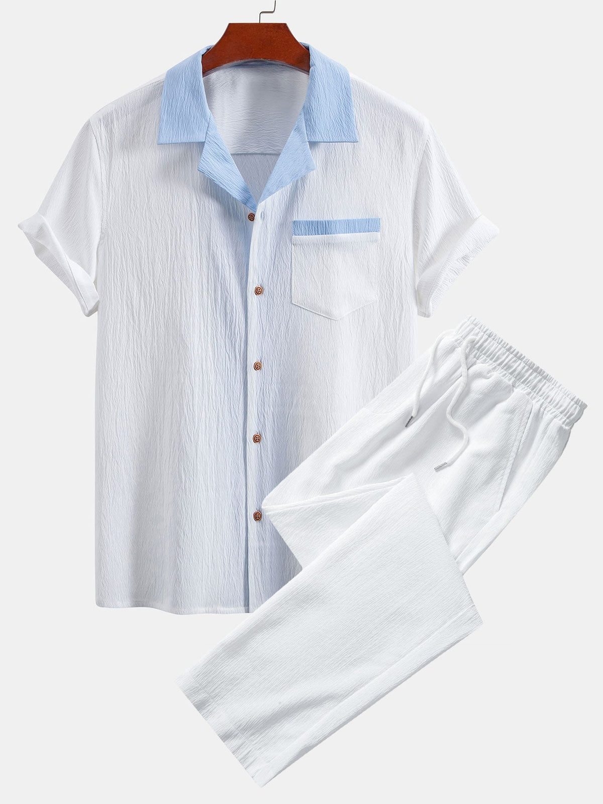 Textured Contrast Cuban Shirt & Straight Leg Pants