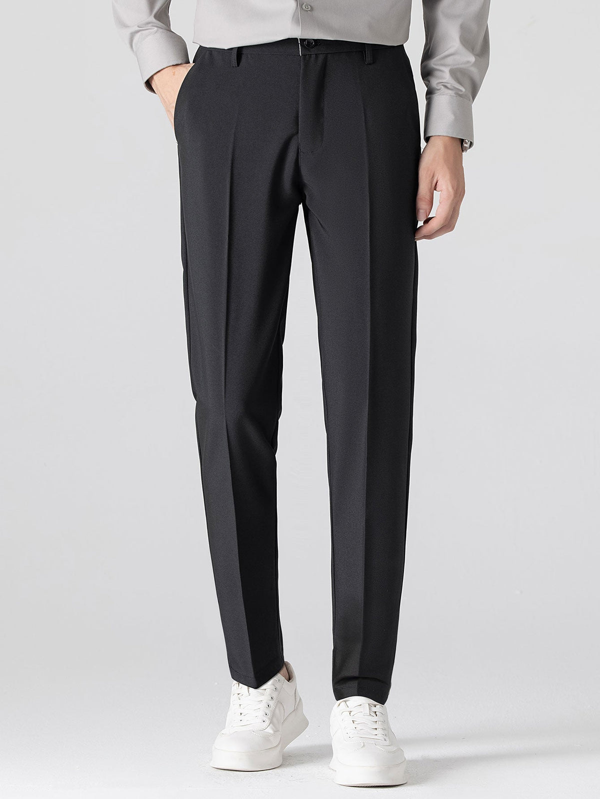 Contrast Trim Ribbed Johnny Collar Knit Polo & Slim Fit Tapered Trousers