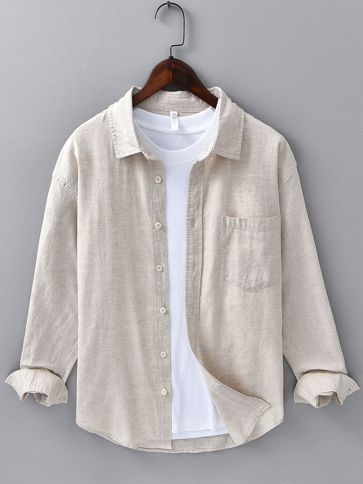 Long Sleeve Linen and Cotton Shirt with Pocket