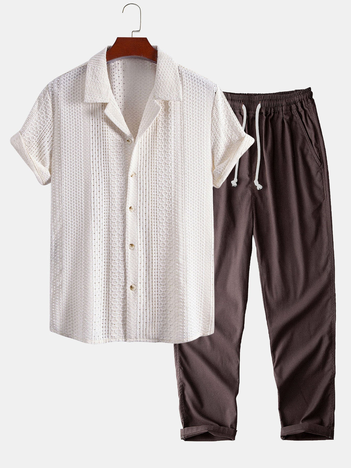 Geometric Jacquard Cuban Collar Shirt & Straight Leg Linen Pants