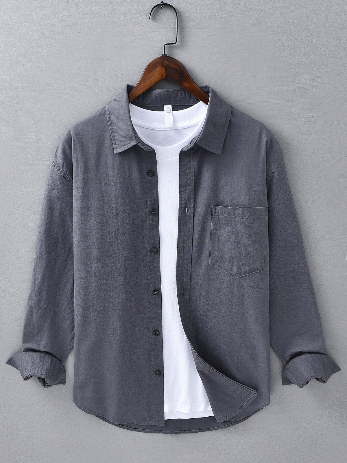 Long Sleeve Linen and Cotton Shirt with Pocket