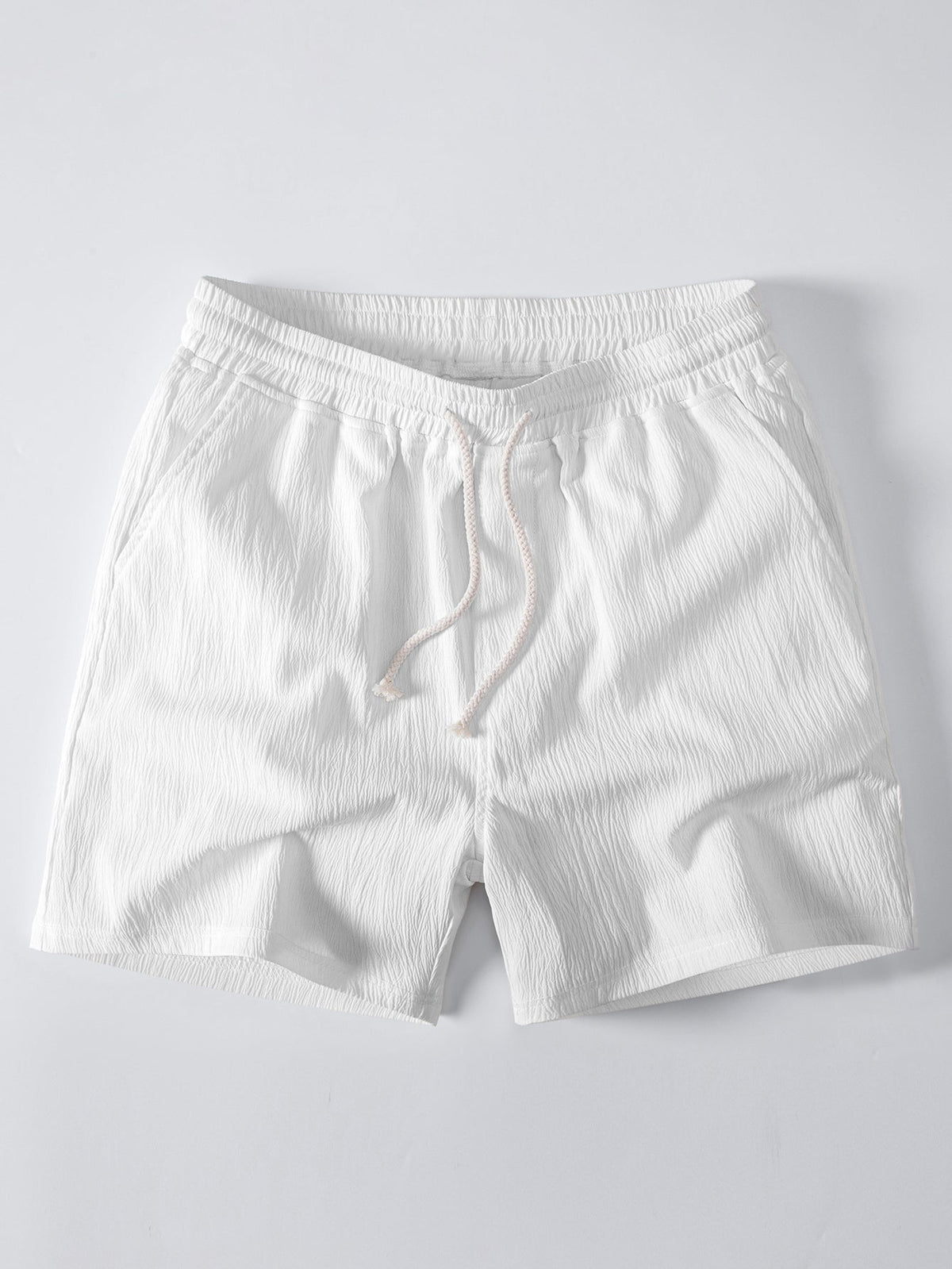 Relax Fit Crocheted V Neck Polo & Crinkle Textured Drawstring 5" Shorts