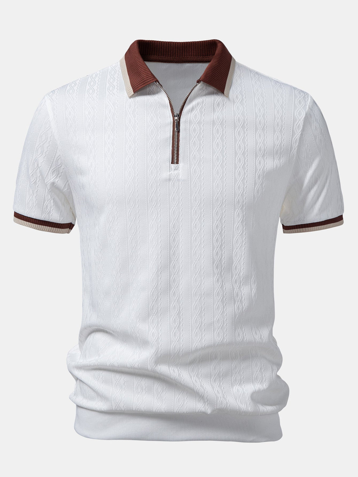 Contrast Trim Textured Zipper Knit Polo & Slim Fit Tapered Trousers