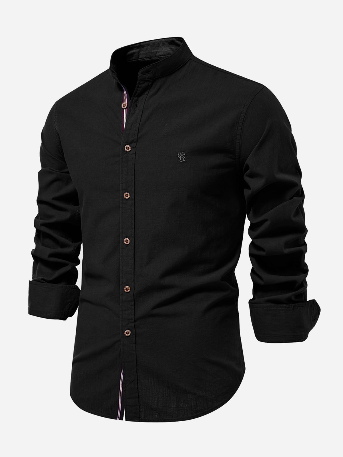 High-neck linen effect long-sleeve shirt