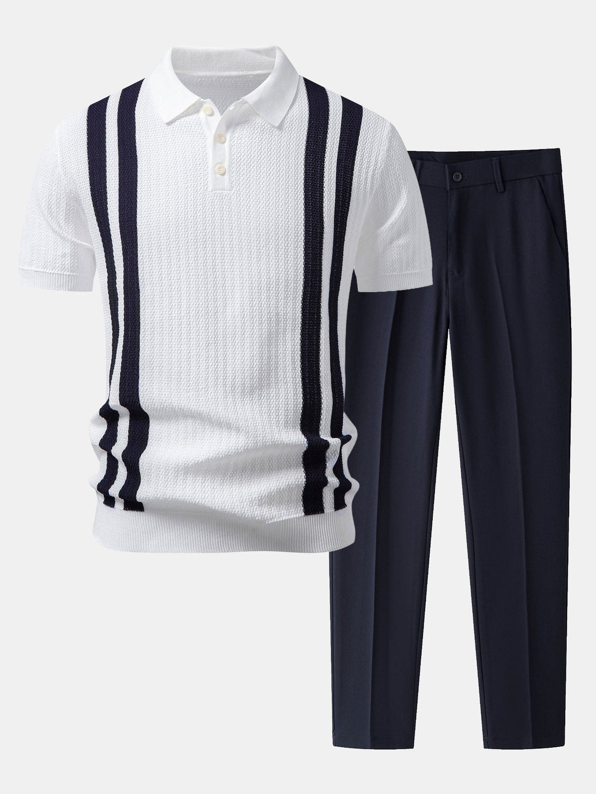 Contrast Textured Knit Polo & Slim Fit Tapered Trousers
