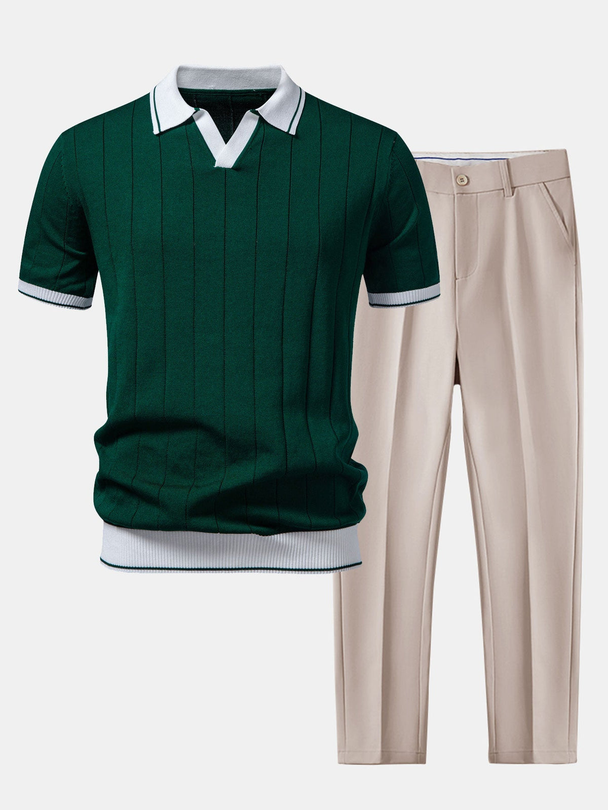Contrast Trim Ribbed Johnny Collar Knit Polo & Slim Fit Tapered Trousers
