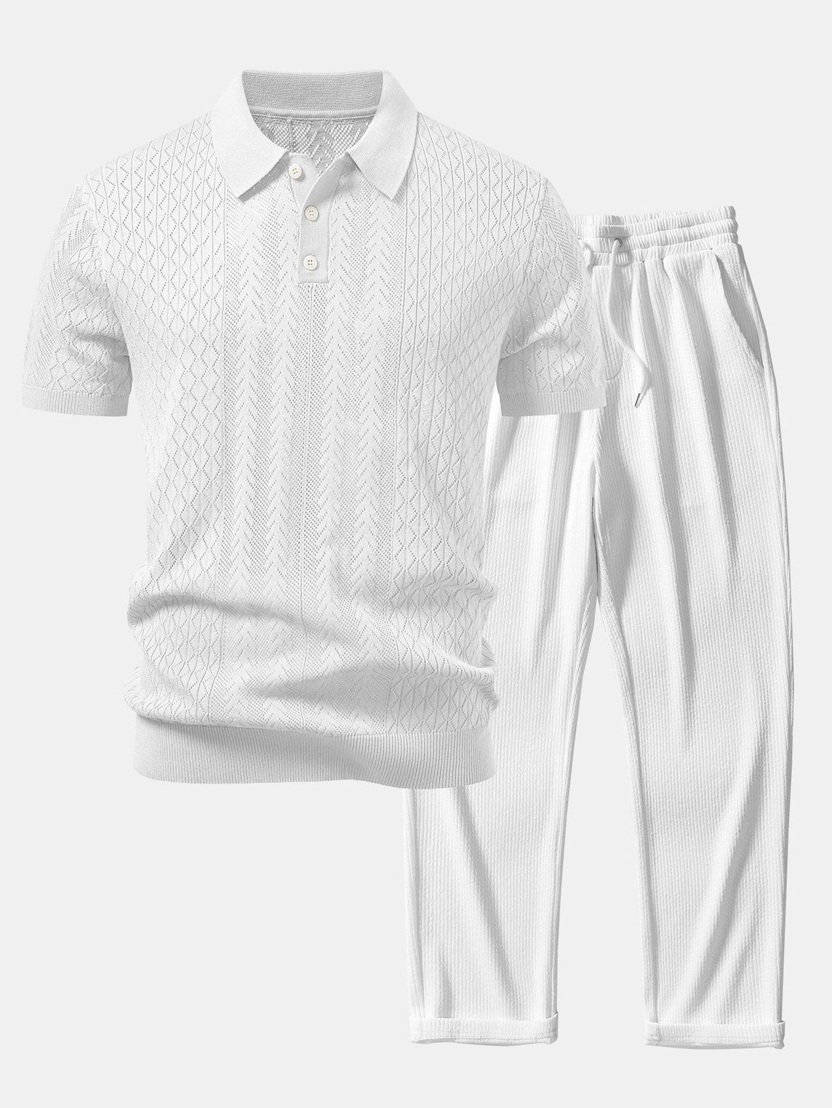 Geometric Jacquard Open Knit Polo & Straight Leg Ribbed Pants