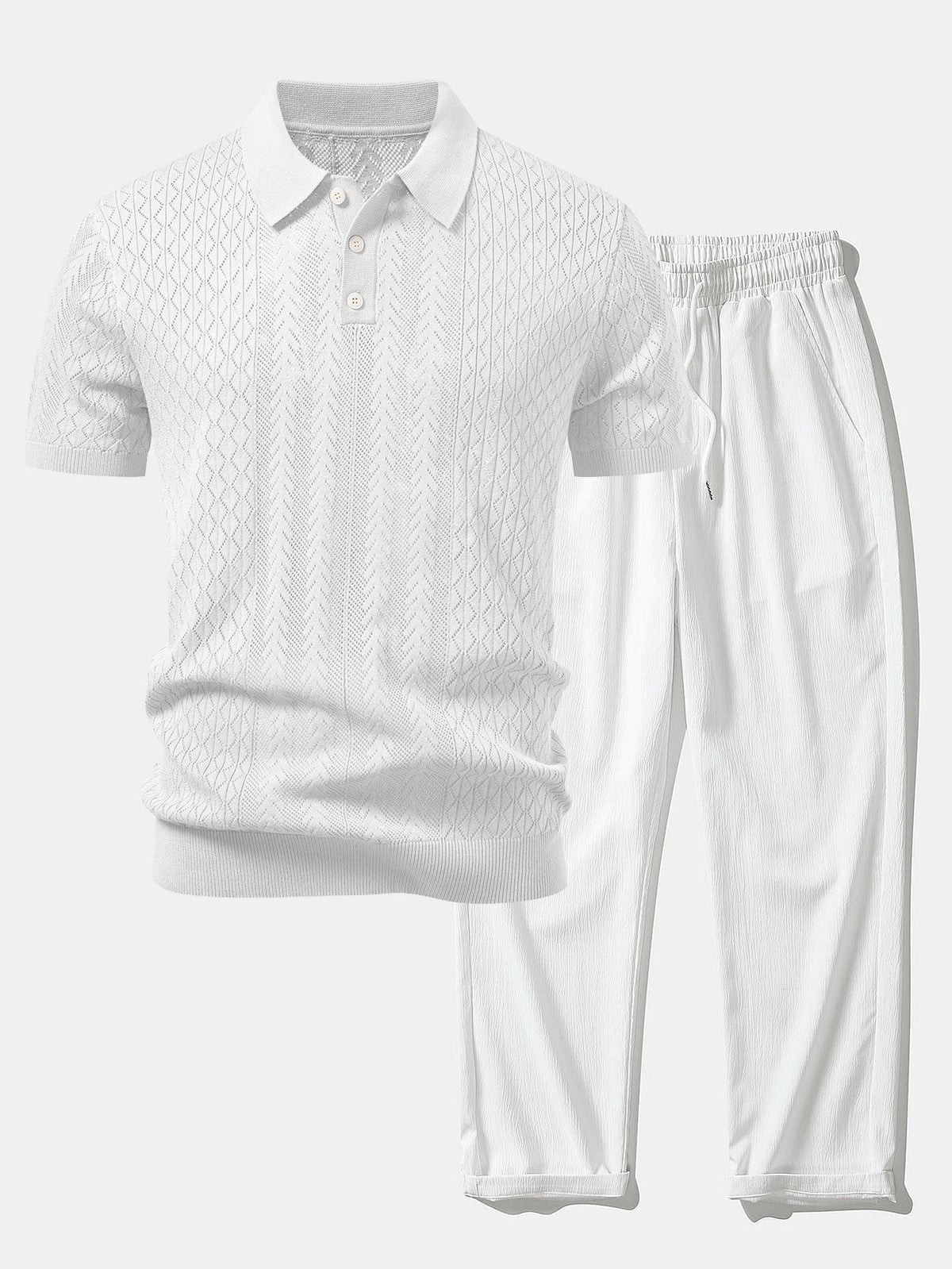 Geometric Jacquard Open Knit Polo & Crinkle Textured Straight Leg Pants