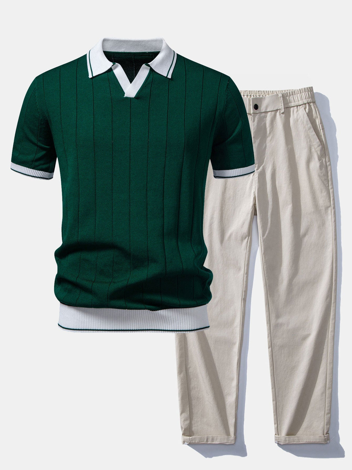Contrast Trim Ribbed Johnny Collar Knit Polo & Elastic Waist Straight Leg Trousers