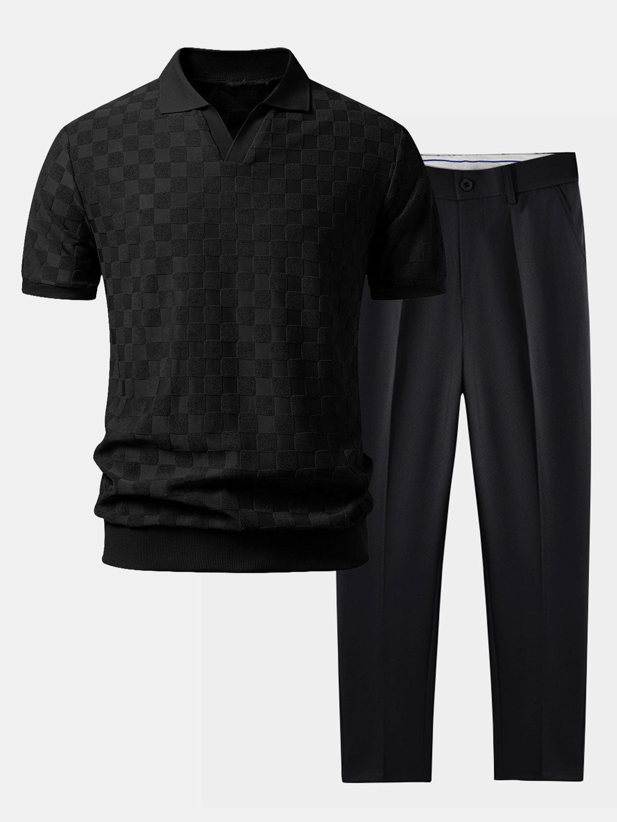 Checkerboard V-Neck Knit Polo & Slim Fit Tapered Trousers