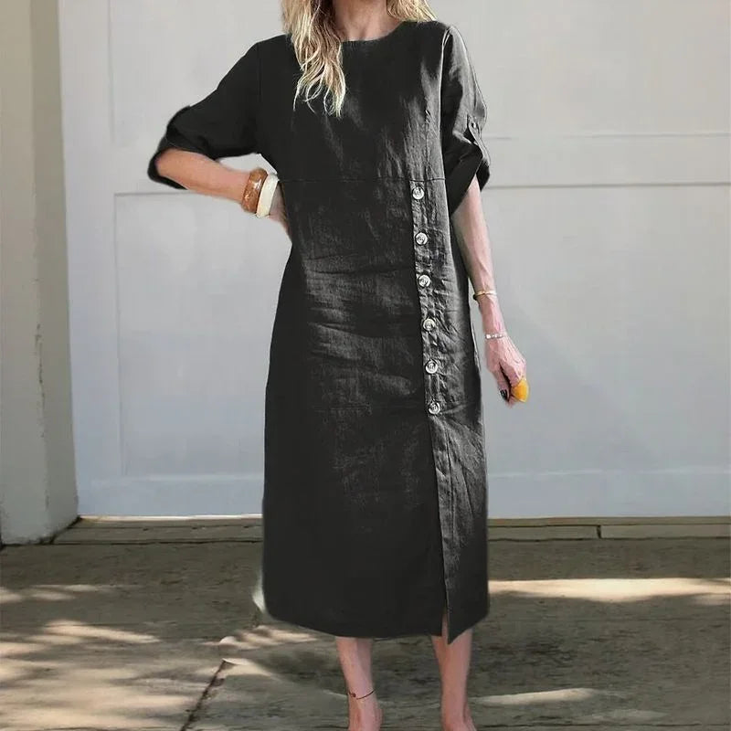 Sophie™ Cotton Linen Dress with Side Buttons and Sophisticated Slit