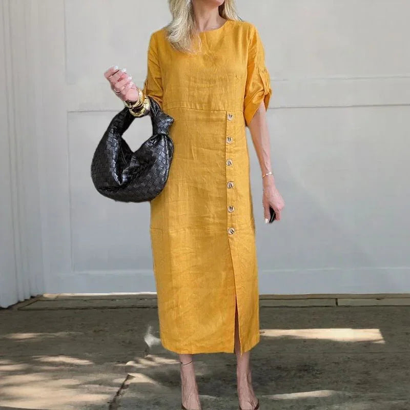 Sophie™ Cotton Linen Dress with Side Buttons and Sophisticated Slit