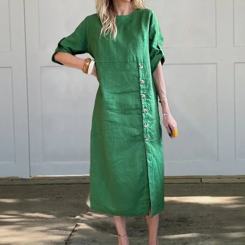 Sophie™ Cotton Linen Dress with Side Buttons and Sophisticated Slit