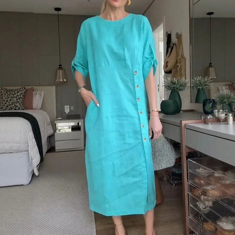 Sophie™ Cotton Linen Dress with Side Buttons and Sophisticated Slit