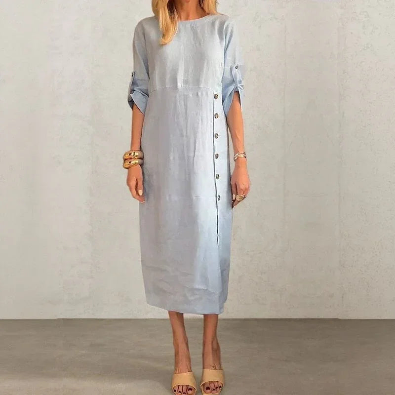 Sophie™ Cotton Linen Dress with Side Buttons and Sophisticated Slit