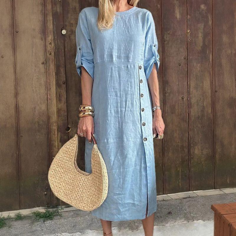 Sophie™ Cotton Linen Dress with Side Buttons and Sophisticated Slit